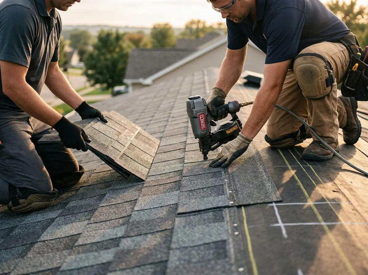 Professional roofer working on a residential roof in Upper Saddle River